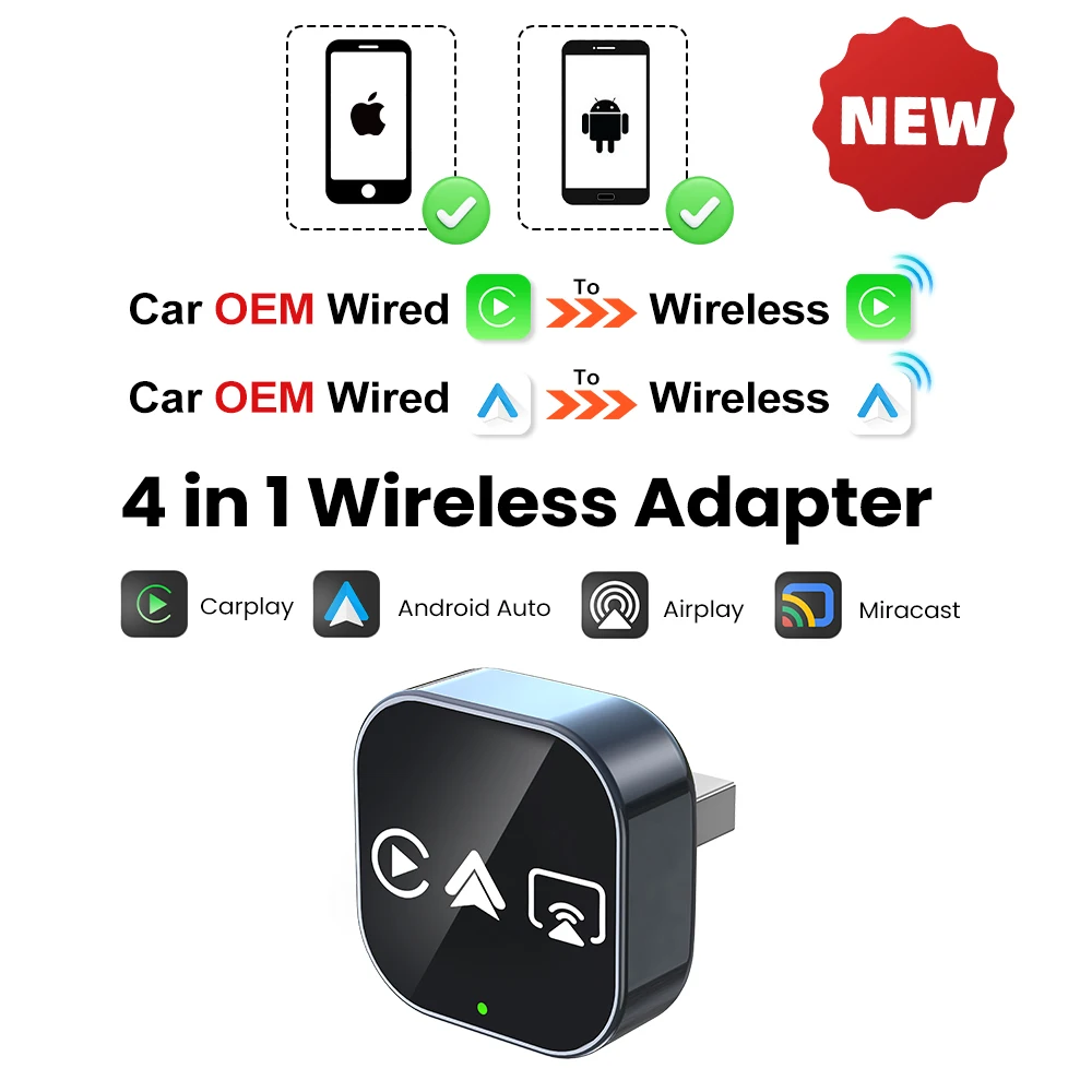 2026 4-in-1 Nieuwe Upgrade Carplay Adapter Draadloze Android Auto Mirror Link Smart Mini AI Box USB Plug and Play Auto Connect WiFi