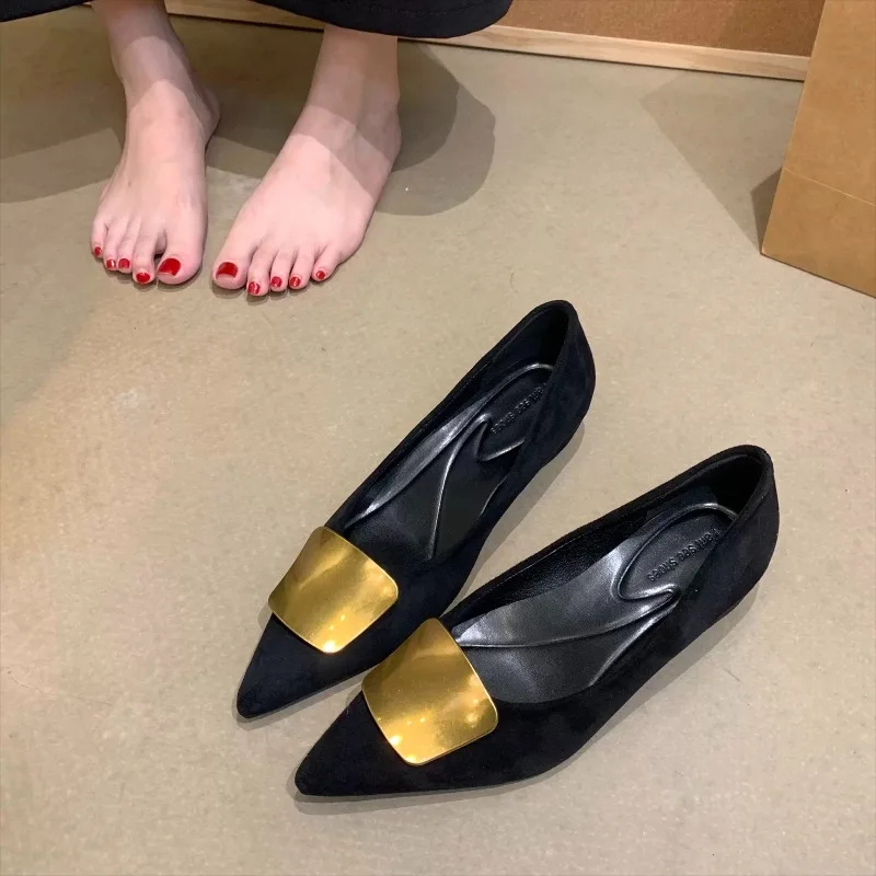 

Metal Buckle Slip Inside Heightened Single Shoes Pointed Toe Suede Soft Sole Non-Slip Low Top Shoes
