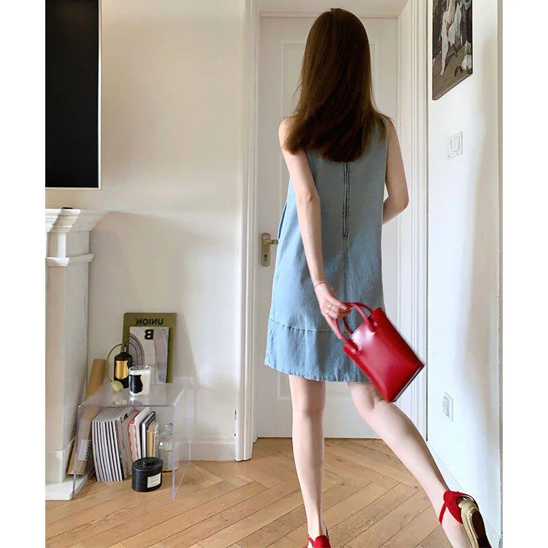 Women Dress Summer Solid Simple Vintage Denim Short Dress Tank Blue Holiday Casual Dress Vestidos