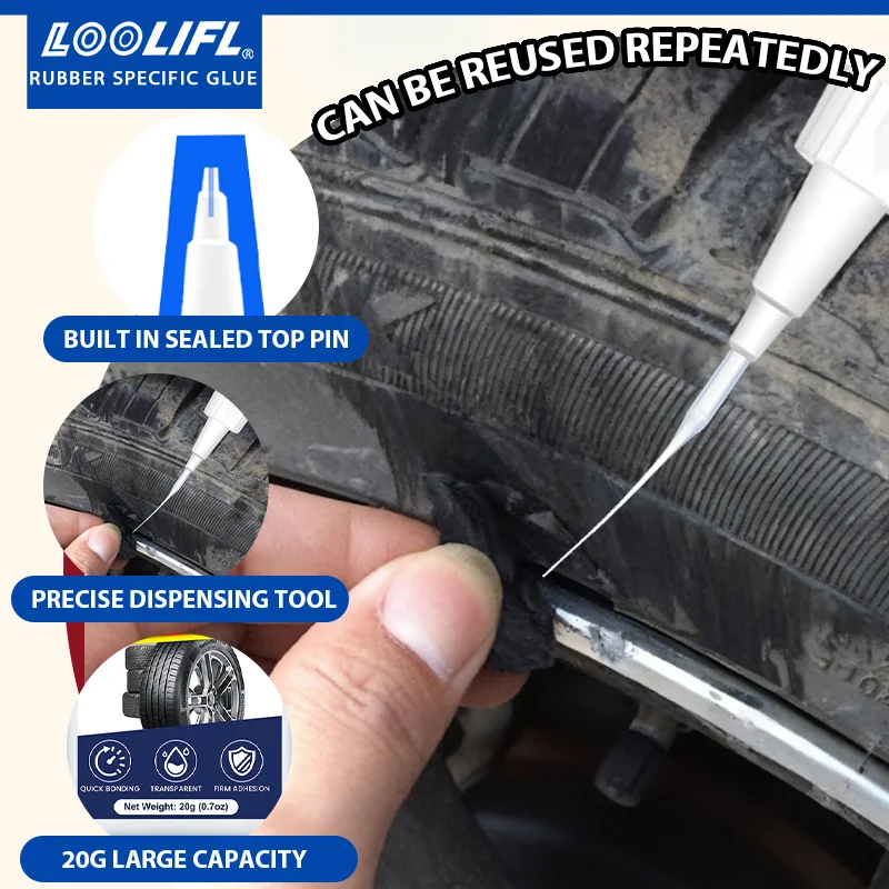 LOOLIFL – liquide adhésif pour réparation de pneus, 20ML, caoutchouc solide, résistant à l'usure, adhésif non corrosif, réparation du cuir instantanée également