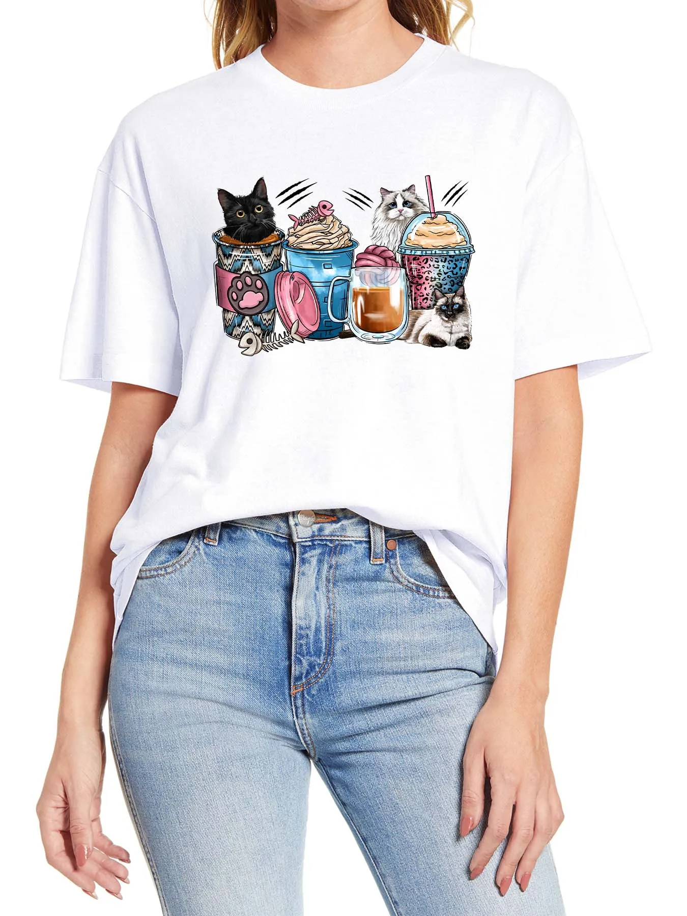 

Ice Cream Cat Printing 100% Cotton Short Sleeve T-Shirt Round Neck, Multiple Colors, Party Gift High Quality Women T-Shirt
