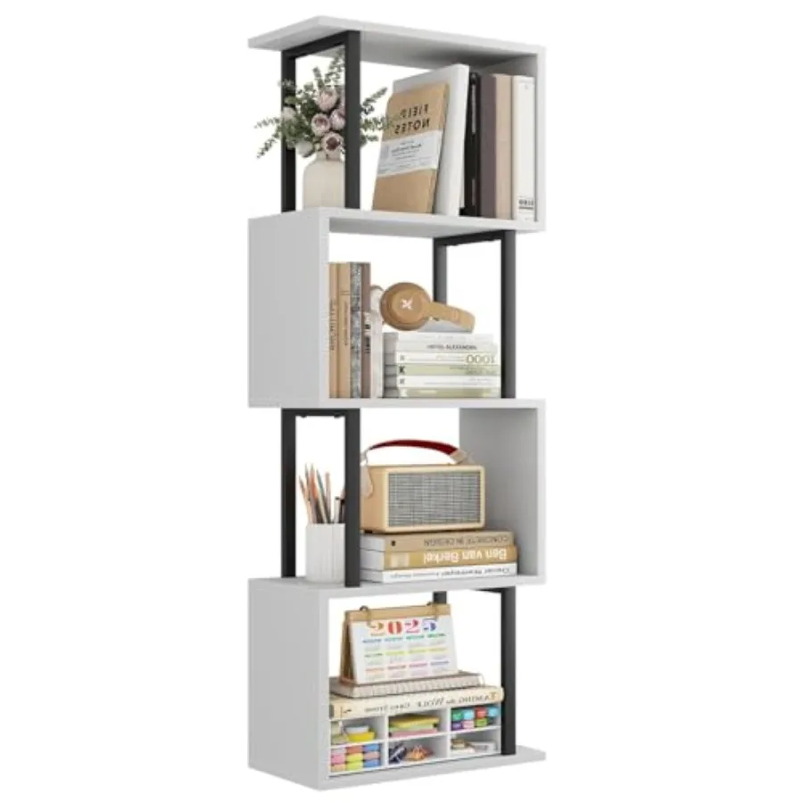 

4-Tier Bookshelf Narrow S-Shaped Geometric Bookcase Wood Decorative Storage Shelving Modern Freestanding Display Shelves Book S
