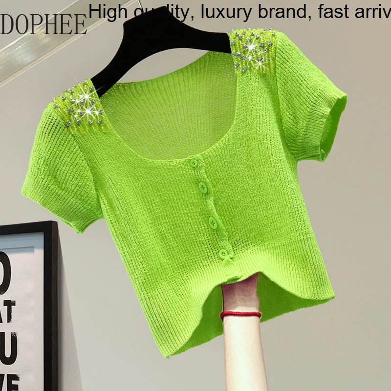 New Summer 2023 High Waist Ice Silk Short Sleve T-shirt Korea Diamond O-neck Cropped Knitted Top Green Stretch Slim Sweaters