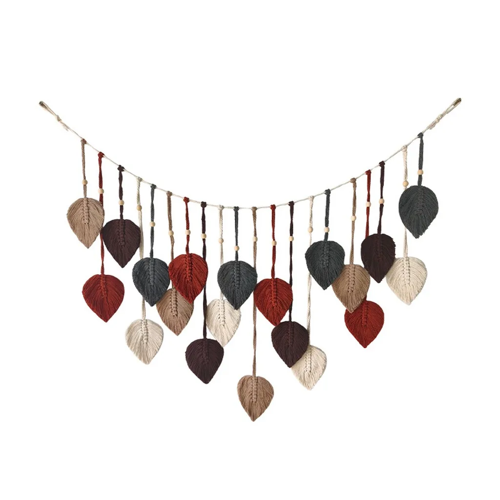 Hand Woven Cotton Leaf Tassel Wall Hanging, Wooden Bead Nordic Style Wall Tapestry for Home Decor