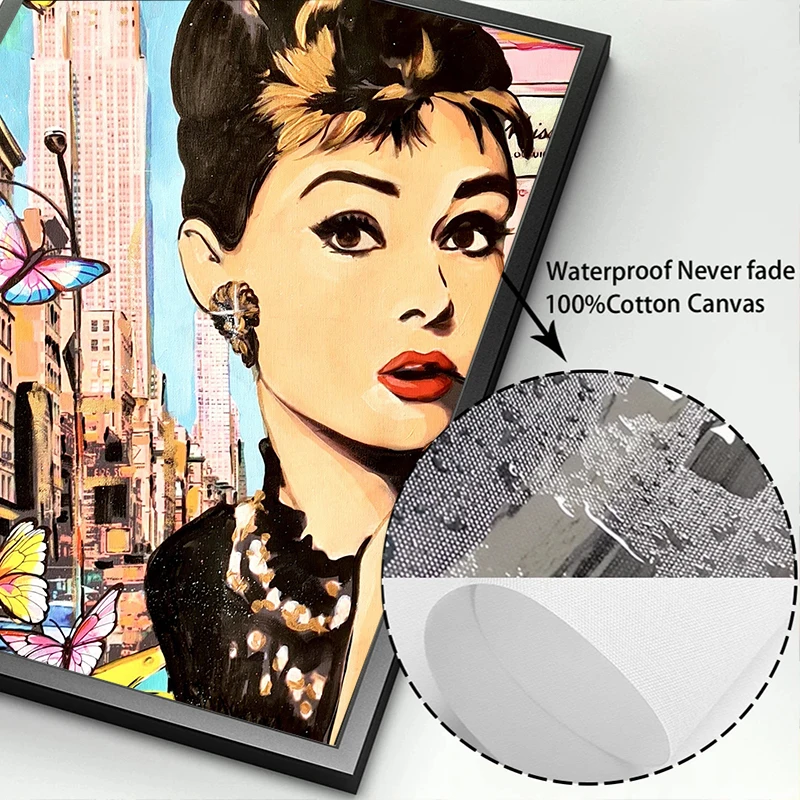 Movie Star Audrey Hepburn Under The Eiffel Tower in Paris Portrait Graffiti Canvas Posters Street Pop Art Mural Home Room Decor