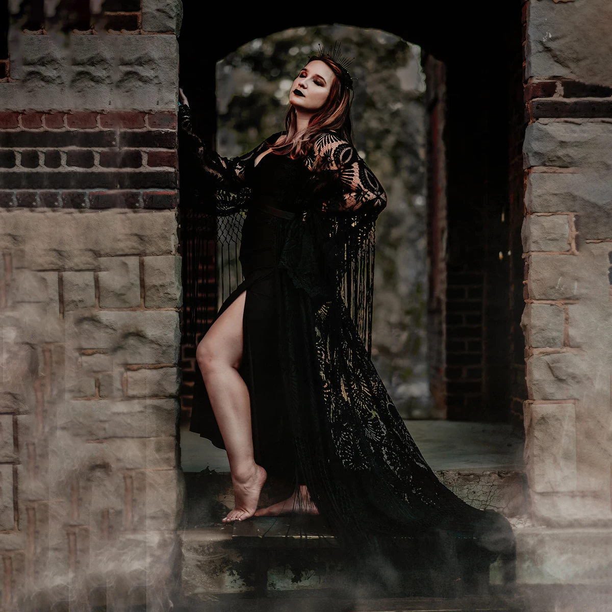 黒ゴシックマタニティ写真撮影ガウンレースローブ自由奔放に生きるロングルーズフリンジスリーブカスタマイズされた 2 ピースタッセルベビーシャワードレス