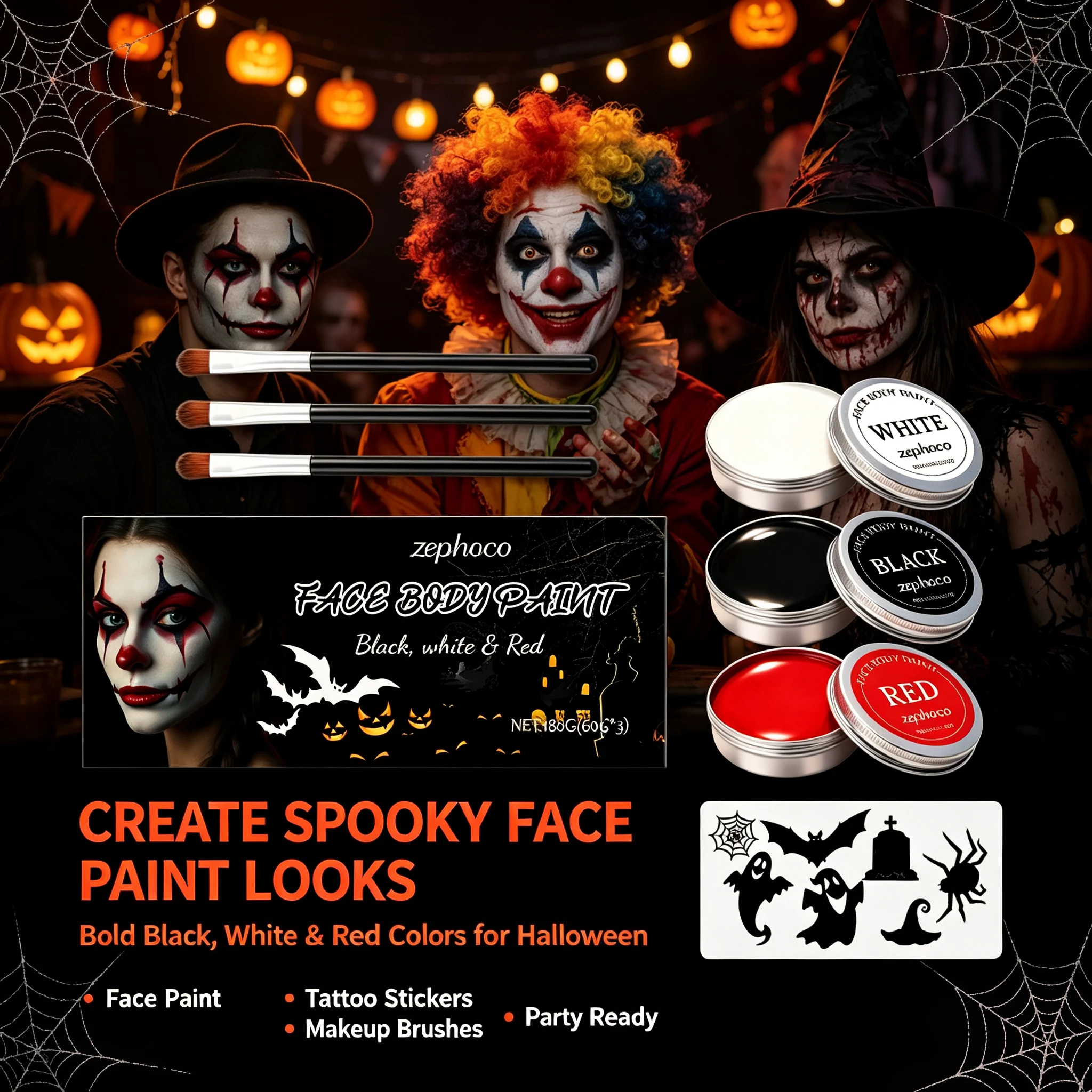 Kit de pintura facial para Halloween, con colores negro, blanco y rojo, pintura para rostro y cuerpo, aceite con pinceles, pegatinas de tatuajes, set profesional de maquillaje para disfraces de payaso, esqueleto, vampiro, efectos especiales, maquillaje lavable, seguro, resistente al agua, pintura corporal, artículos para fiestas, para niños y adultos.