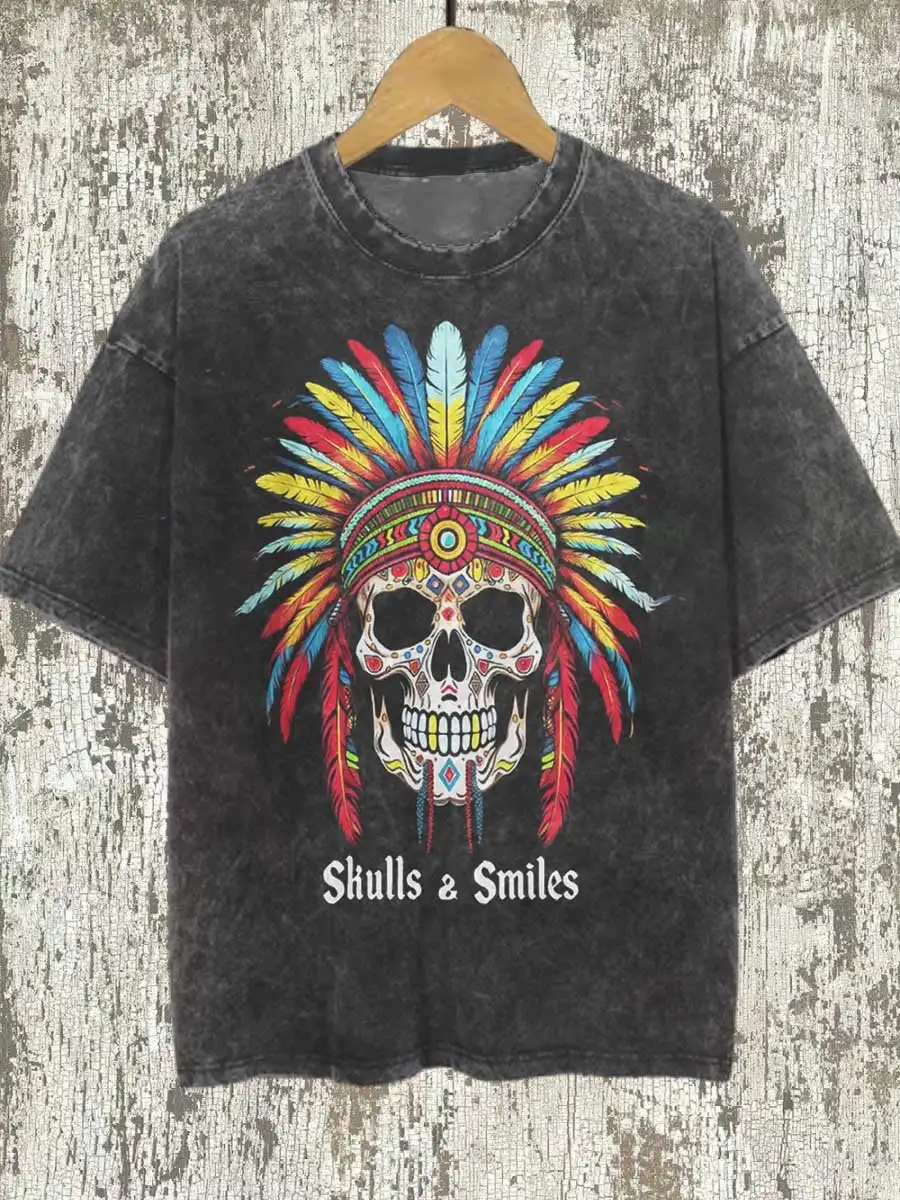 

Rheaclots Rock Punk Skulls And Smiles Printed Round Neck Short Sleeve T-Shirt