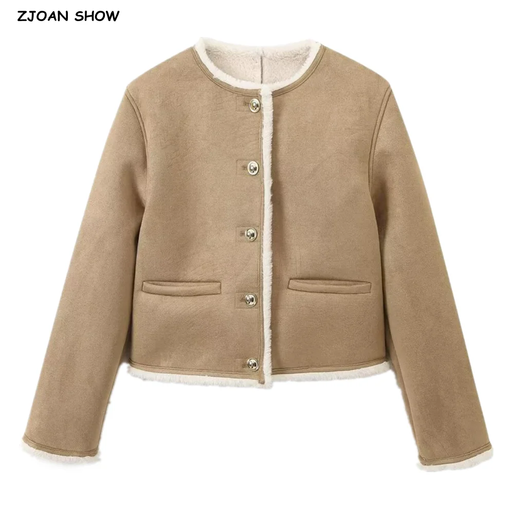

Autumn Winter Vintage Khaki Suede Double-face Fur Cropped Coat Women O neck Gold Buttons Long Sleeve Warm Jacket Short Outerwear