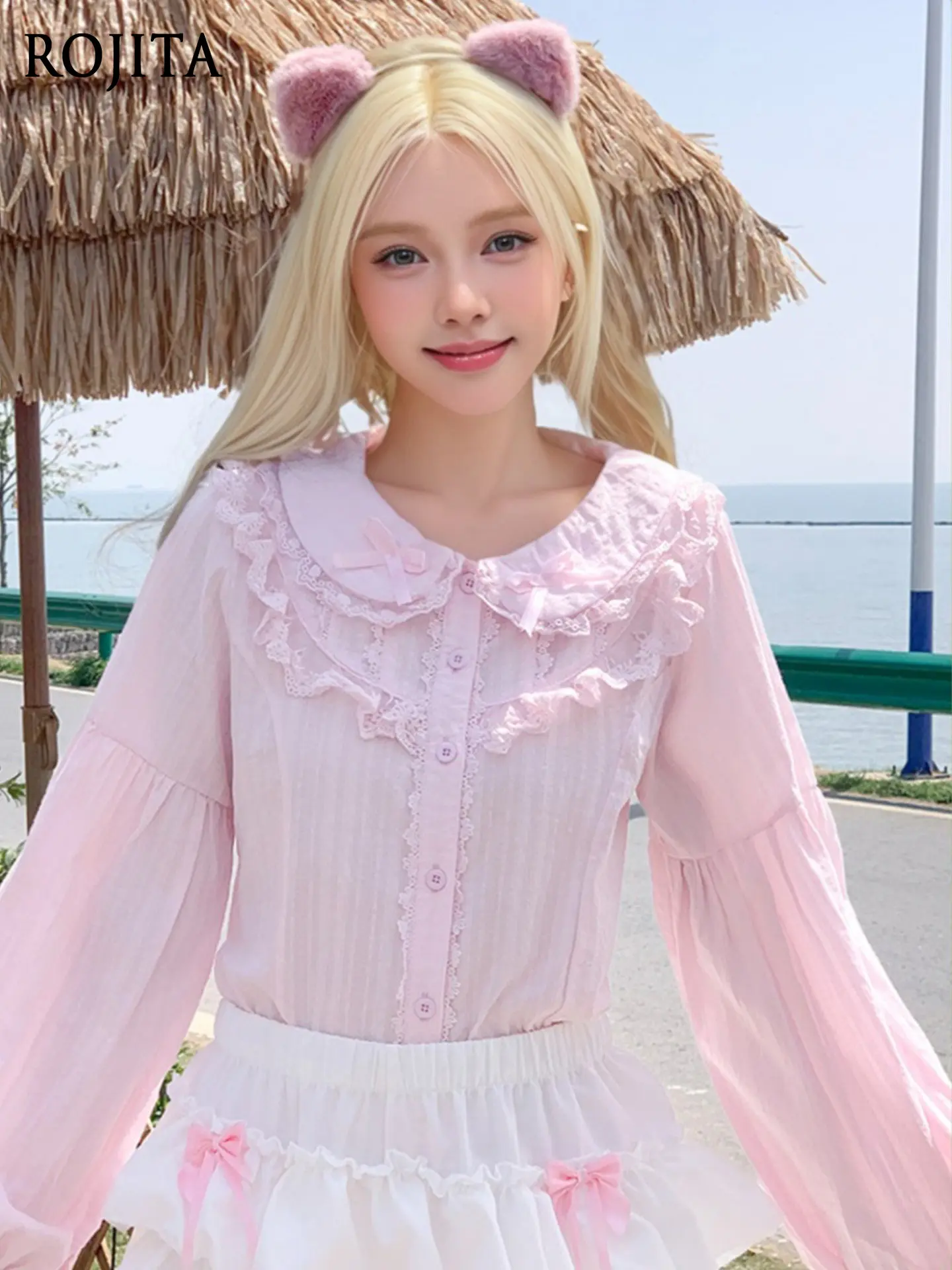 

Lolita Japanese Soft Girl Cute Lolita Shirt 2026 Spring New Bubble Sleeve Top 4XL Solid Color Long Sleeve Single Breasted Shirt
