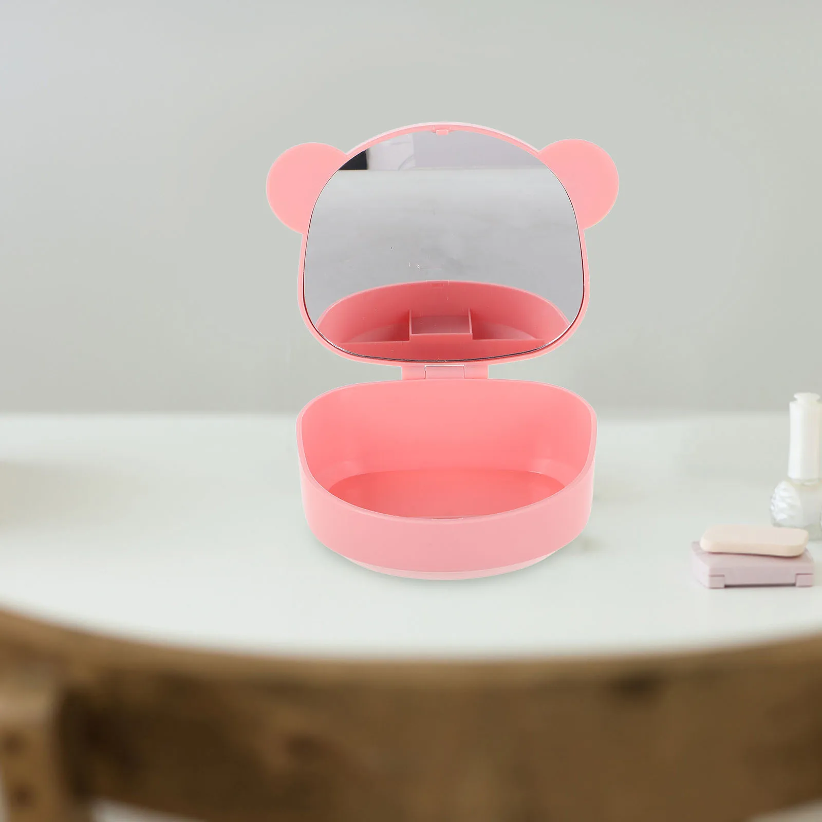 

Portable Bear Ear Makeup Organizer Mirror Compact Travel Storage Box Hair Accessories Cotton Swabs Travel Makeup Mirror