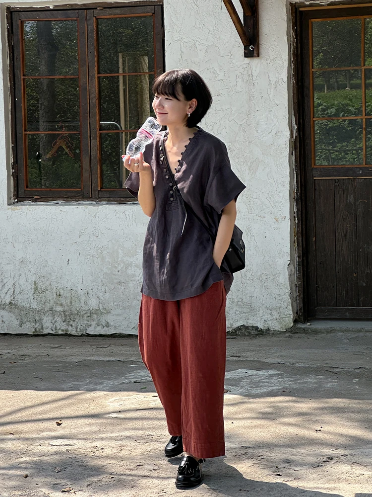 

Брюки FURALI Early Spring Vintage, кирпично-красные, из льна и хлопка, с манжетами, повседневные, свободного кроя, с естественной талией, для женщин