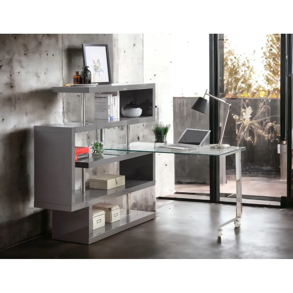 

Buck II Clear Glass, Chrome High Gloss Finish Writing Desk with Shelf