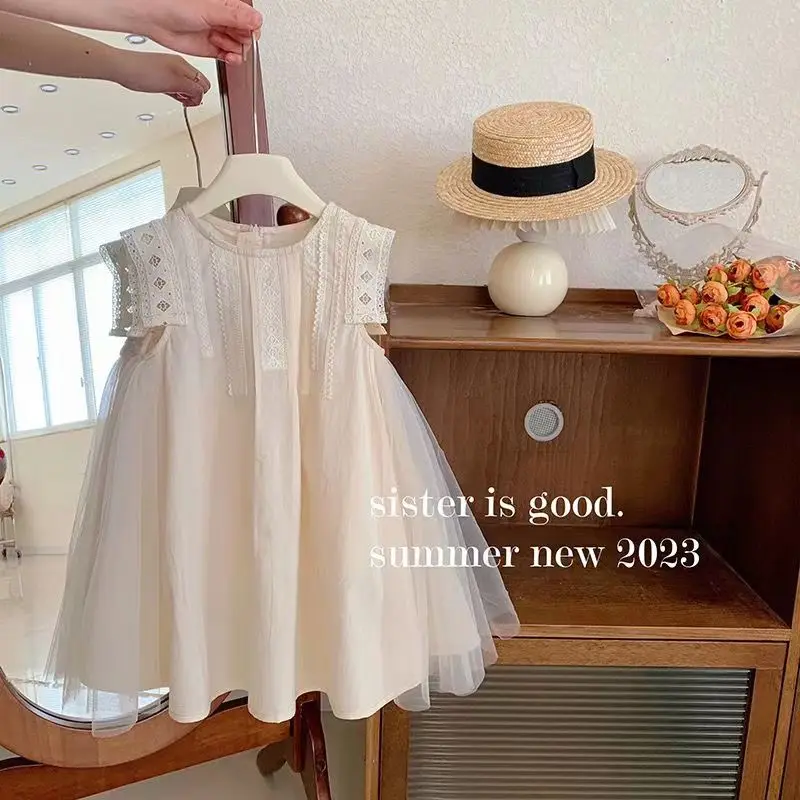 Children Clothing Baby Girl 2023 Summer Beige Mesh Sleeveless Lace Vest Dress Princess Sweet Fashionable Girls Casual Dress