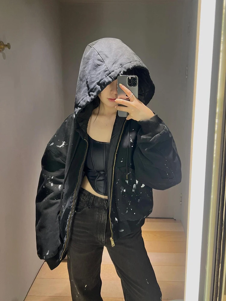 

American Sle Hand-Painted Thiened Cotton Jaet for Women Loose Fit Bla Winter Outerwear Streetwear Ro Sle