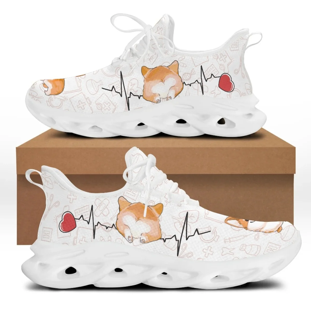 

Yikeluo New Style Ladies Lace up Mesh Swing Sneakers Medical Equipment Love Dog Printing Shoes Female Platform Women's Footwear