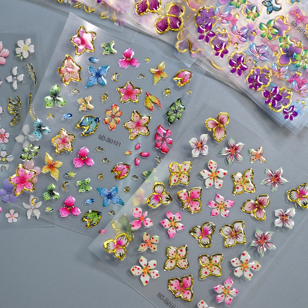 5D Embossed Cherry Blossom Jelly Flowers Nail Stickers Ombre Pink Blue Lily Camellia Nail Decals Hipster Floral Nail Decor *1pcs