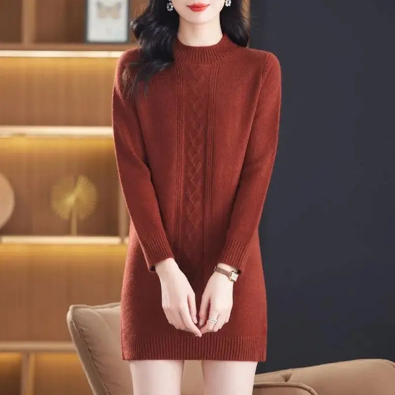 Autumn Winter Mid Length Knitted Dress Slim Women's Knit Pullover Sweater Long Sleeve Half High Collar Outerwear Q557