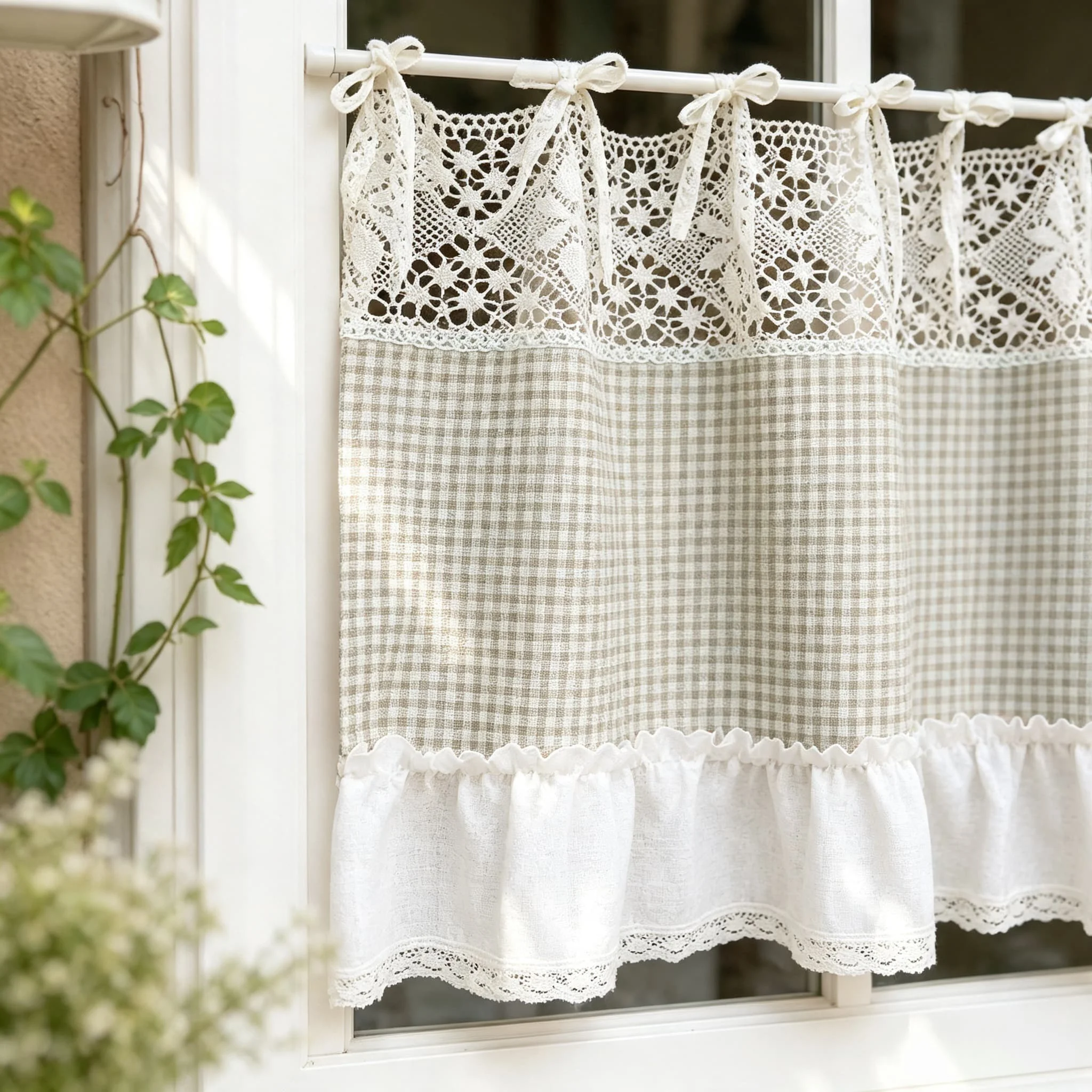Tie Top Crochet Lace Sheer Gingham Oven Door Cover Curtain, Farmhouse Short Curtain for Kitchen Bedroom Window Valance Decoratio