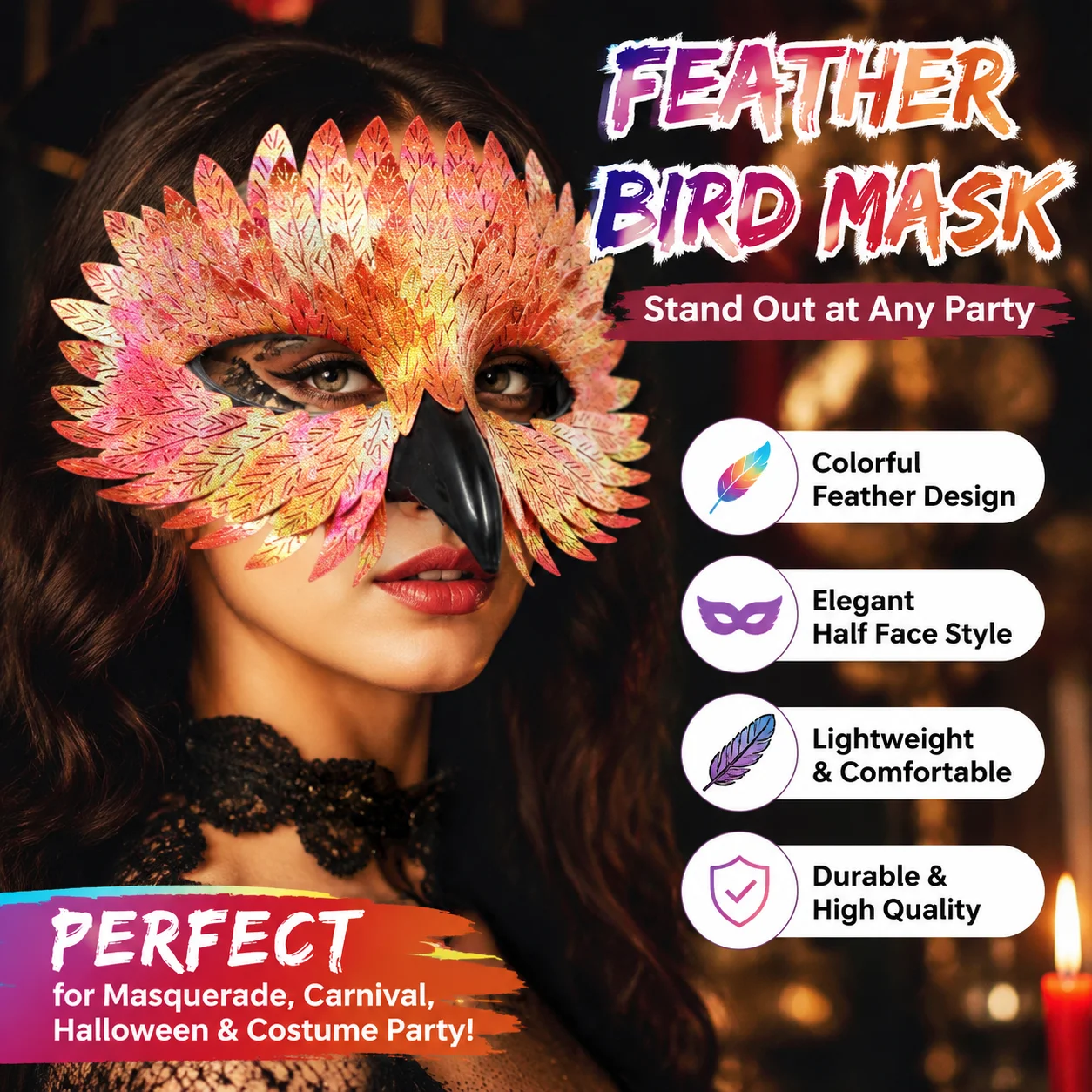 Black Half Face Bird Beak Mask Halloween Exquisite Owl Feather Masquerade Carnival Party Costume Accessory Kit