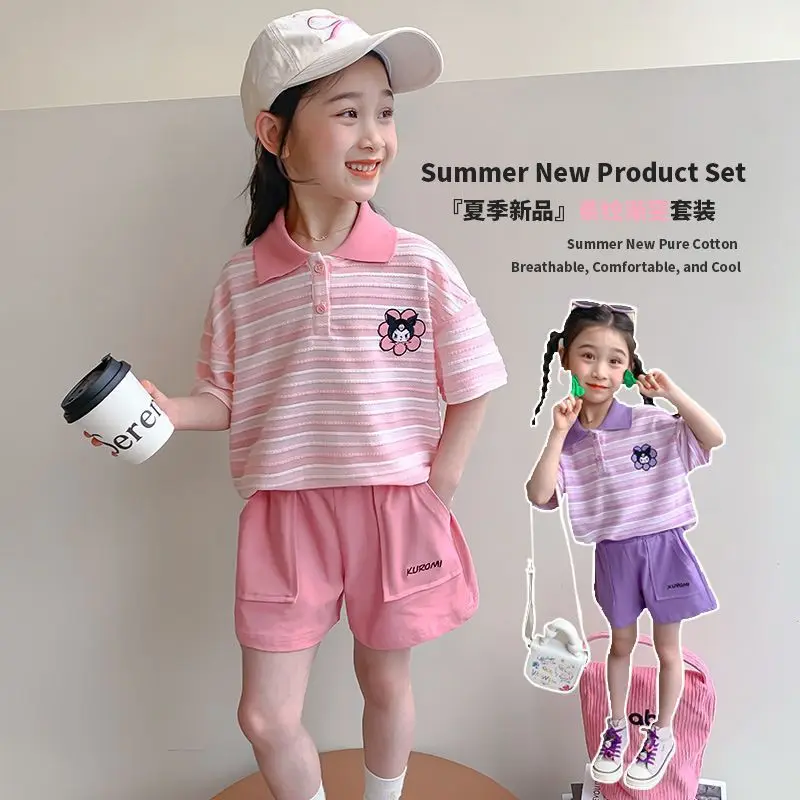 

Girly Heart Kawaii Kuromi Anime Korean Sports Children Fashion Shirt Pants Set Cute Cartoon Casual Two-Piece Set Cloth Kids Gift