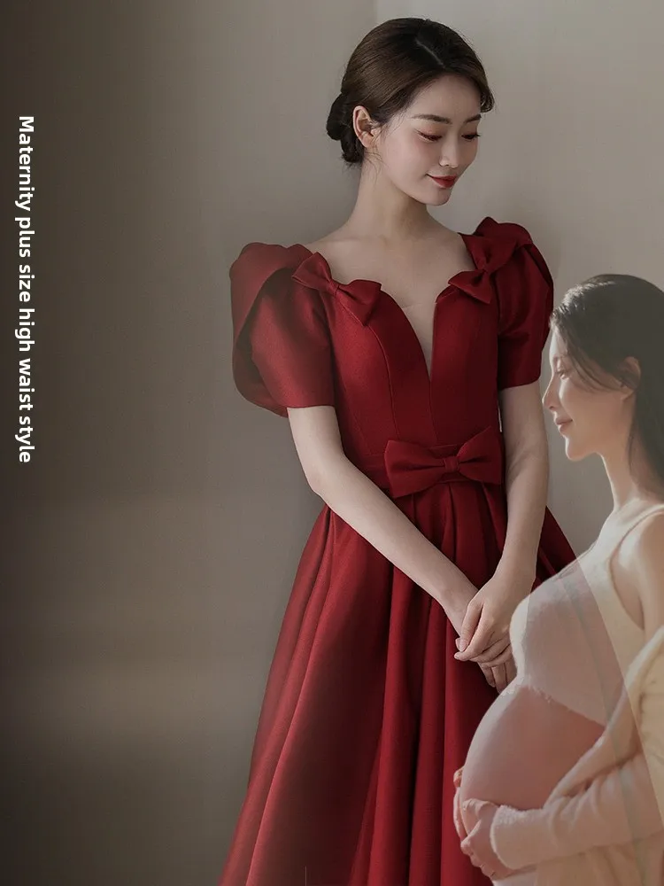 

Silk Satin Long Wedding Dr Red Wine Color Slimming Large Size Engagement Dinner Par Gown Korean Sle Princ Sve