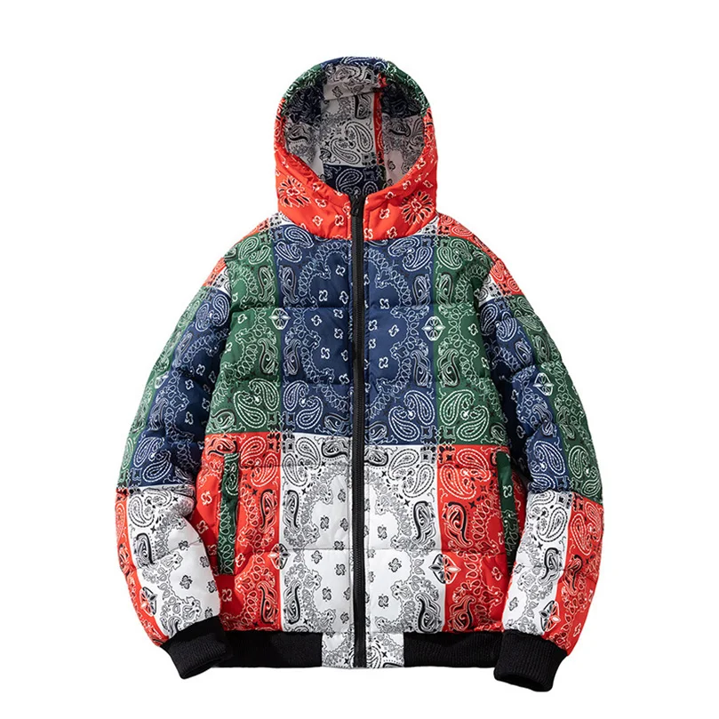 Winter Jacket Men Bandana Printed Patchwork Cotton Padded Coat Thick Warm Hooded Varsity College Outerwear New 2024A1