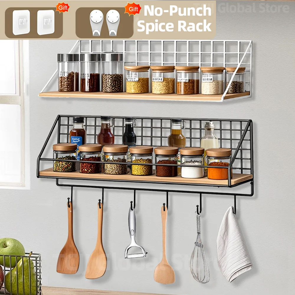 No Drilling Kitchen Spice Rack Wall Mounted Spice Organizer with Hook Shelf for Kitchen Cabinet Pantry Organizer Storage Rack