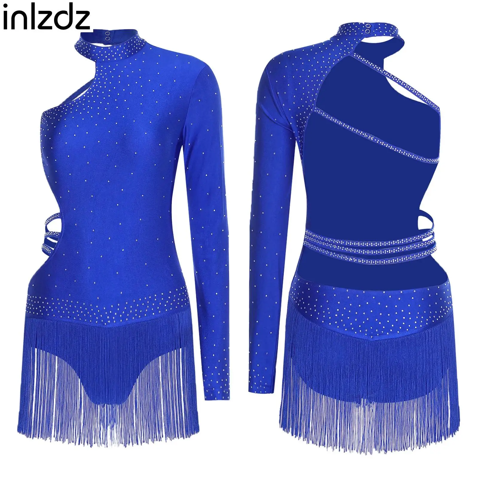 

Womens Single Long Sleeve Latin Dance Bodysuit Chacha Tango Dancing Proms Costume Tassel Waist Openable Crotch Leotard Jumpsuit