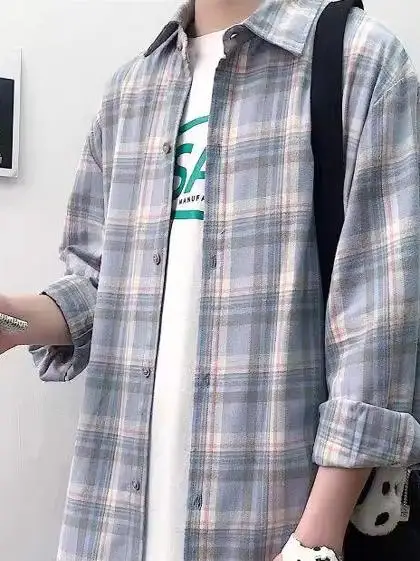 

Свободная мужская рубашка в клетку с длинными рукавами в гонконгском стиле, повседневная верхняя одежда, удобная, дышащая, модная тенденция осеннего сезона