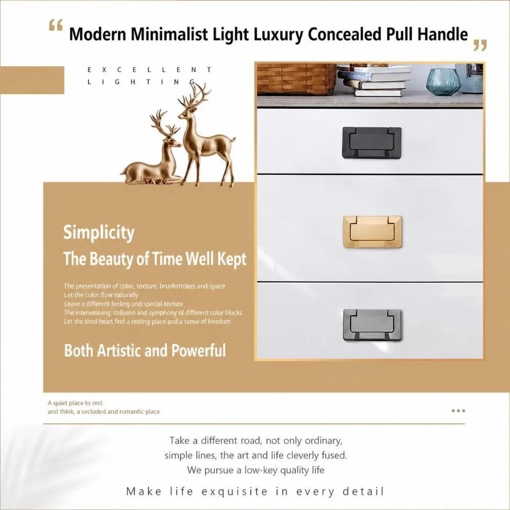 Zinc Alloy Concealed Cabinet Handle Free Punching Brushed Gold Flat Drawer Handle Durable Furniture Hardware Handle Cabinet Door