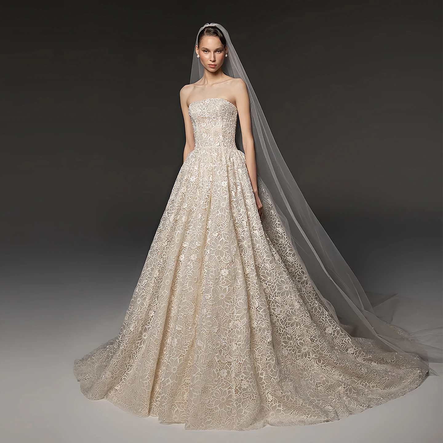 Sheer Fairy Women Elegant Strapless Allover Floral Print Lace Wedding Dresses Simple Bridal Gown with Big Train SW667 Customized