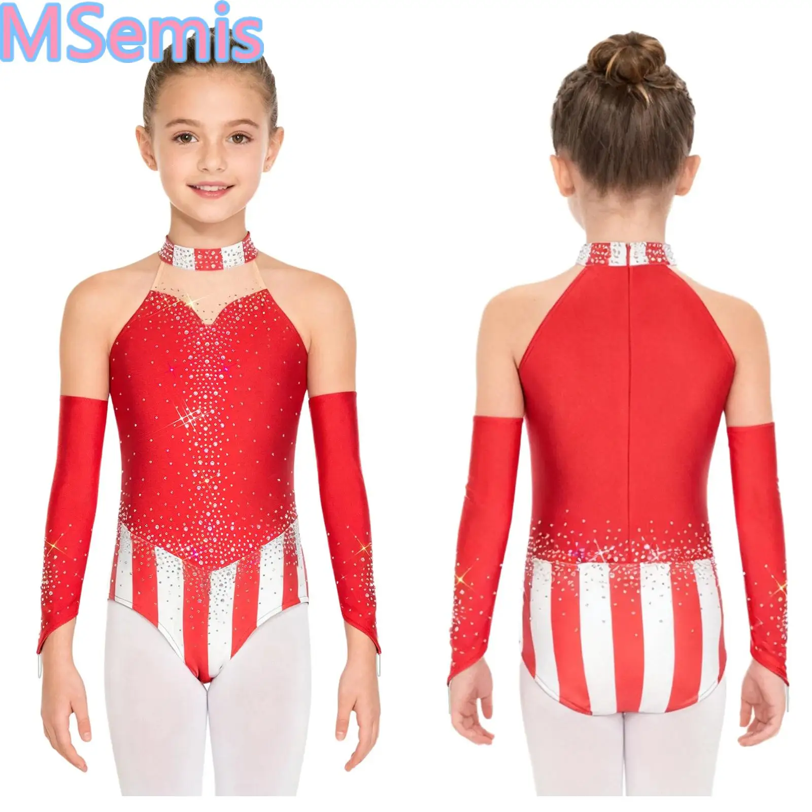 

Kids Girls Patchwork Circus Leotard Design Adorned with Shinny Rhinestones Back Invisible Zipper Jumpsuit And Oversleeves
