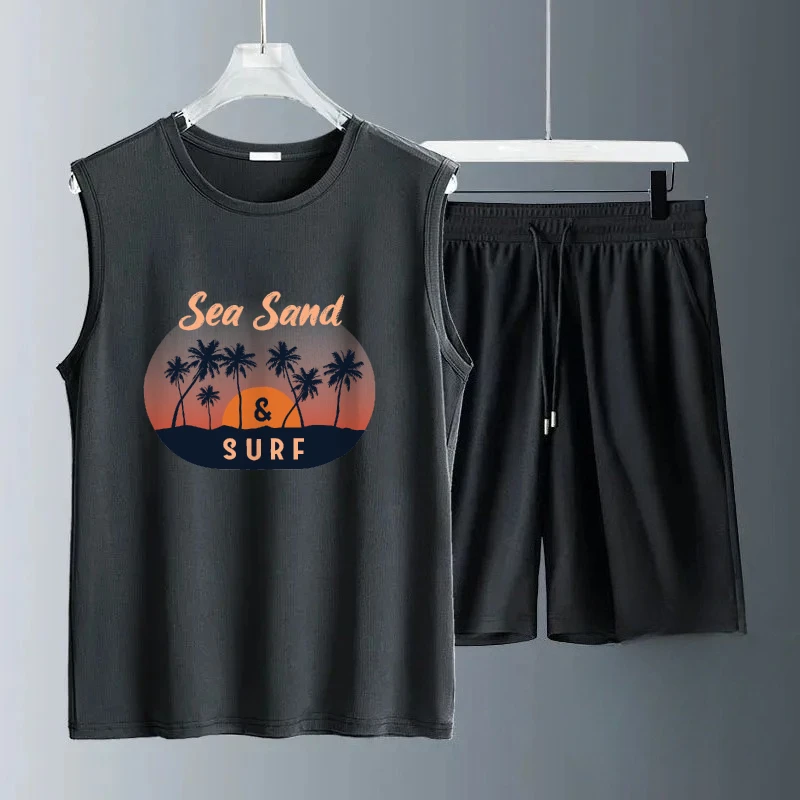 

2025 Men Summer Casual Orange sunset print Sets Sleeveless Daily Wear Lightweight Comfortable Fashionable Outfit suits tracksuit