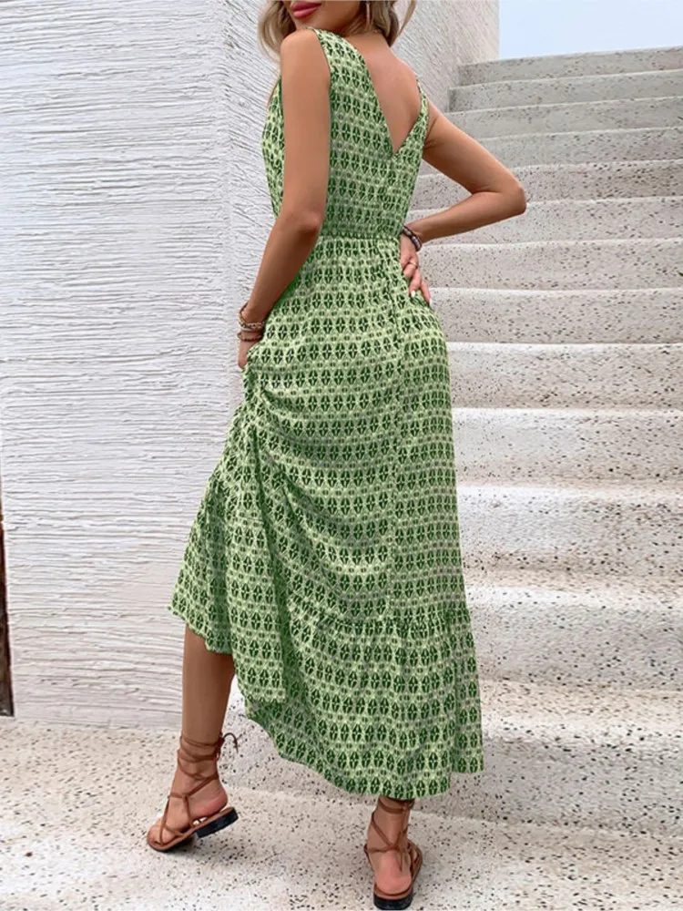 Damska letnia sukienka Maxi Tank Vintage A-line Print V-neck Sleeveless Loose Hem Boho Fashion Casual Dresses For Women Vestidos