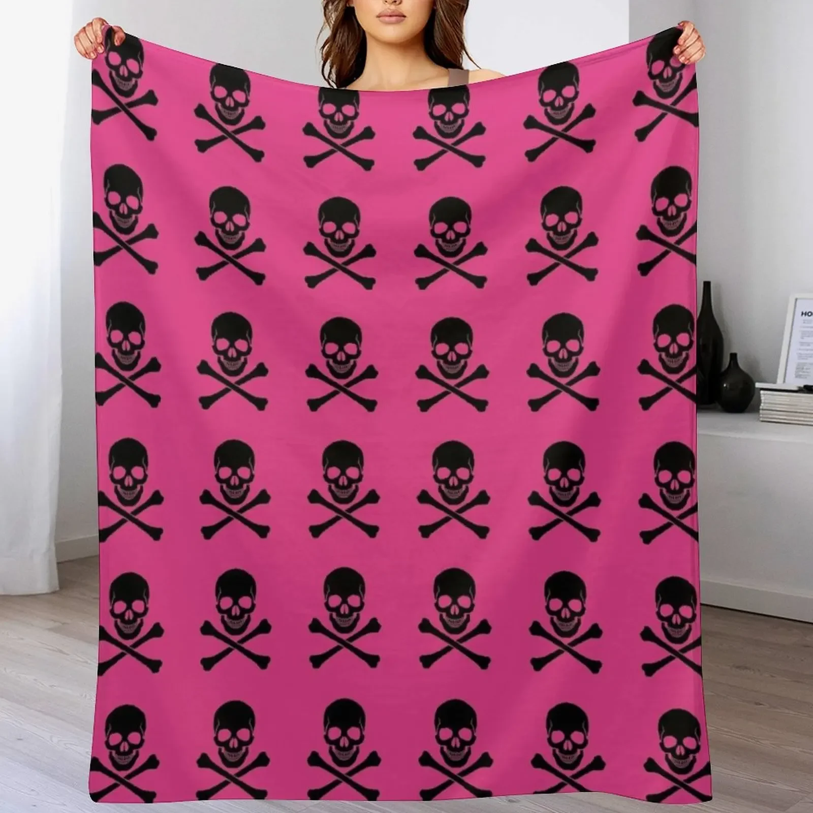 

Black Skull and Crossbones on Pink Throw Blanket funny gift Bed Furrys Plaid on the sofa Blankets