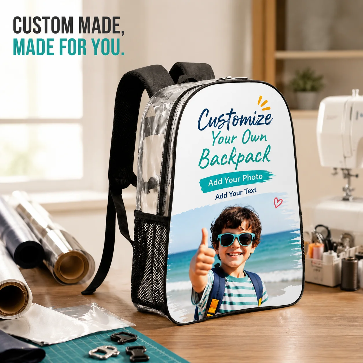 Custom DIY Photo Clear PVC Backpack Stadium Approved Transparent School Bag Side Mesh Pocket Waterproof Travel Shoulder Bag