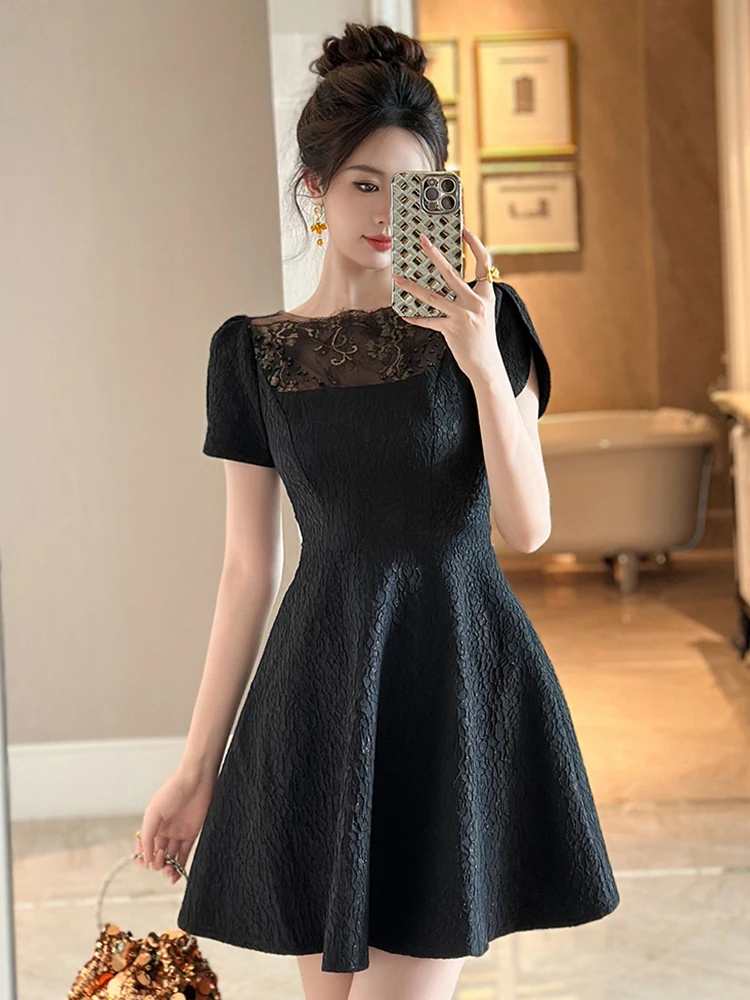 Minivestido negro Vintage elegante para mujer, vestido Retro bonito de seda con vuelo, Vestidos de fiesta para mujer, ropa informal diaria para mujer