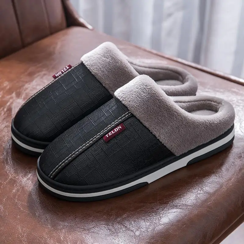 Men Slippers Big Size 47 48 50  Winter Indoor Warm 2023 New Plush Waterproof PU Leather House Women Home Cotton Shoes