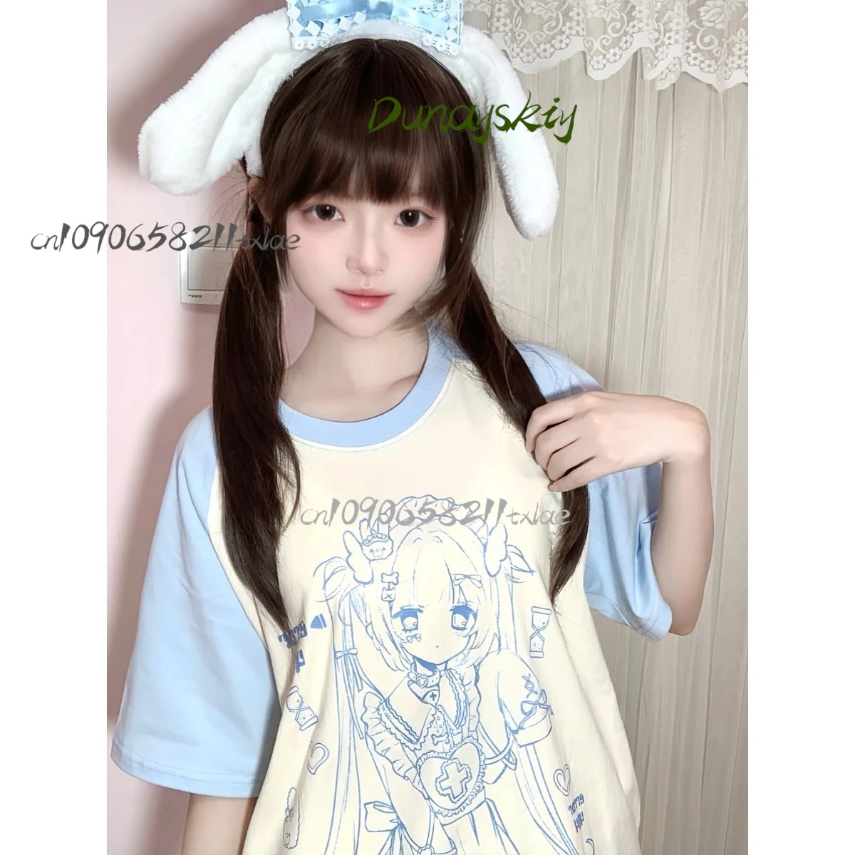 Subcultural water color Jirai Kei 고딕 달콤한 여름 반팔 티셔츠 퓨어 코튼 abi 라이트 애니메이션 탑 여성 루즈 캐주얼