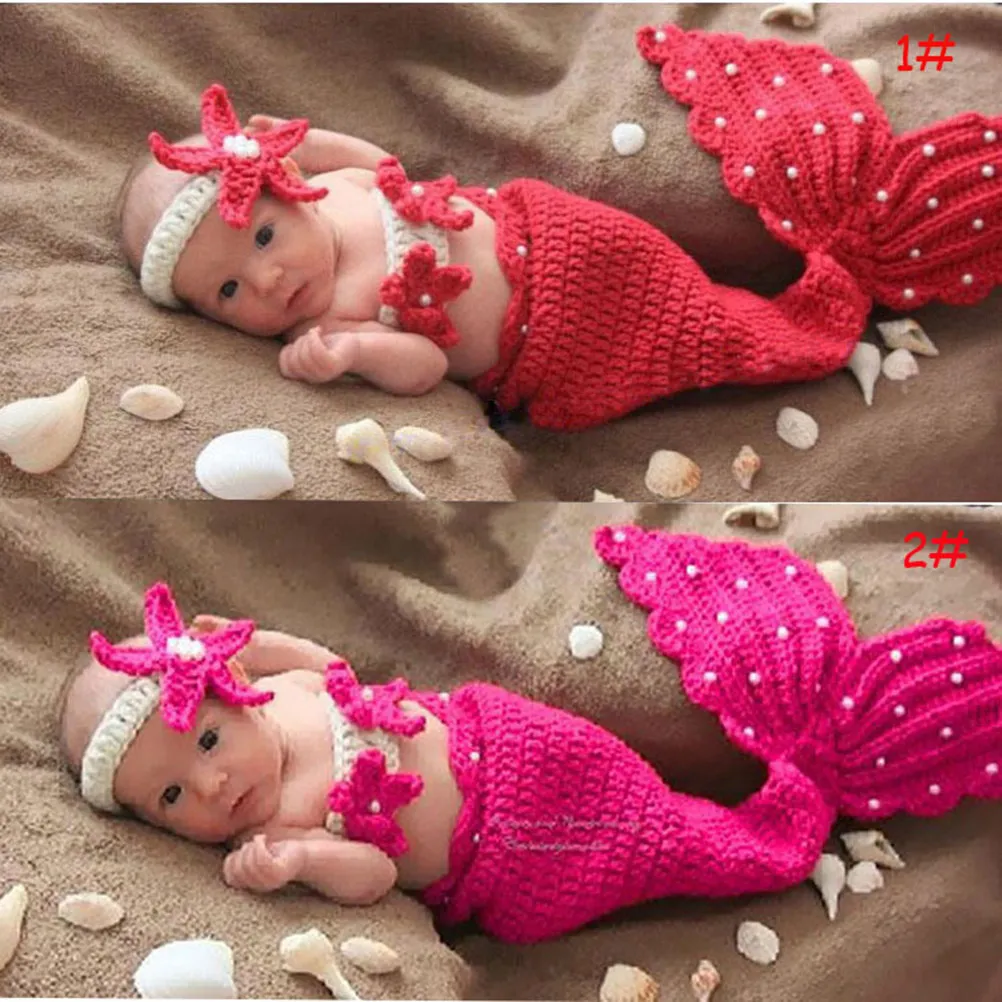 1Set Infant Baby Photography Props Mermaid Tail Suit Newborn Crochet Knitting Costume Cosplay Rosy Color Comfortable