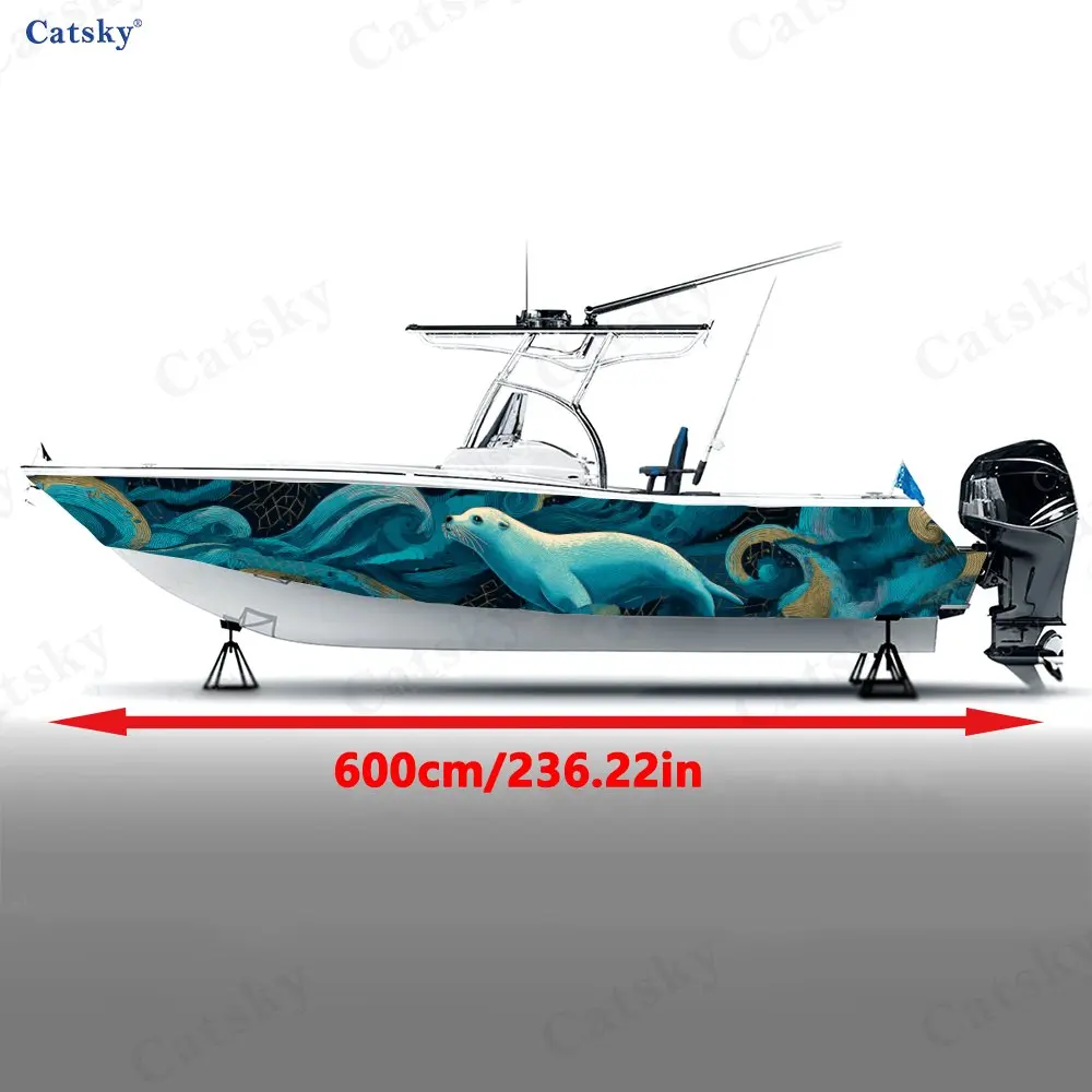 Gilded Wave Sea Lion Boat Stickers, PVC Waterproof Durable Vinyl Wrap Decals for Fishing Boats, Durable and Stylish Design