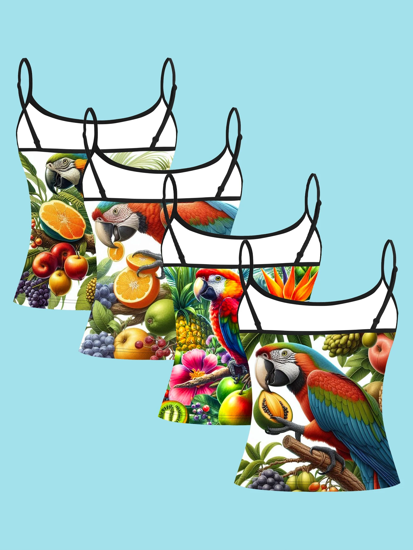 4-Piece Summer Fruit-Themed Sling Set with Orange and Pineapple Parrot Patterns for Women, Slim Fit and Flattering Inner Wear