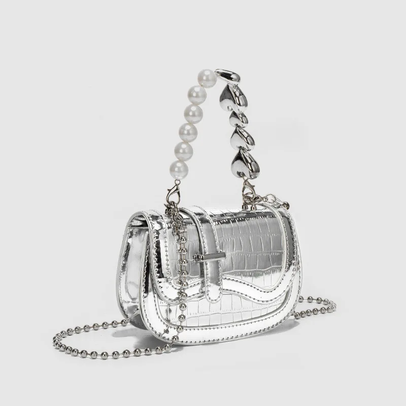 Pearl Chain Children Messenger Bags Crossarm Fashion Silver Handheld Girl Purse and Handbags Shoulder Bags Mother Kids Bag Sac