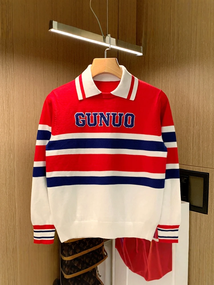 

Модный мужской вязаный свитер в британском стиле с полосками, красный, с длинным рукавом, из вельвета, повседневный, для осени и зимы