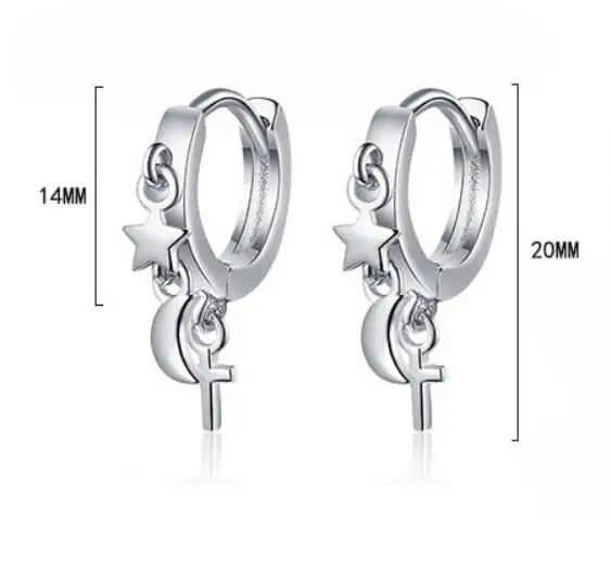 حقيقي 925 فضة 18K الذهب القمر ستار الصليب شرابة هوب أقراط للنساء حفلة غرامة مجوهرات الحد الأدنى اكسسوارات