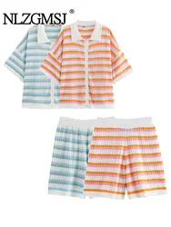 2025 Stripe Shorts Suits Women Casual Loose Lapel Hollow Out Fashion Sets Female Soft Knit Single Breasted 2 Pieces Set