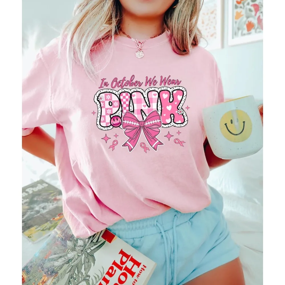 

In October We Wear Pink TShirt I'm A Survivor Shirt Motivational T-Shirt Cancer Awareness Shirt Modern Trendy Women Cotton Tops
