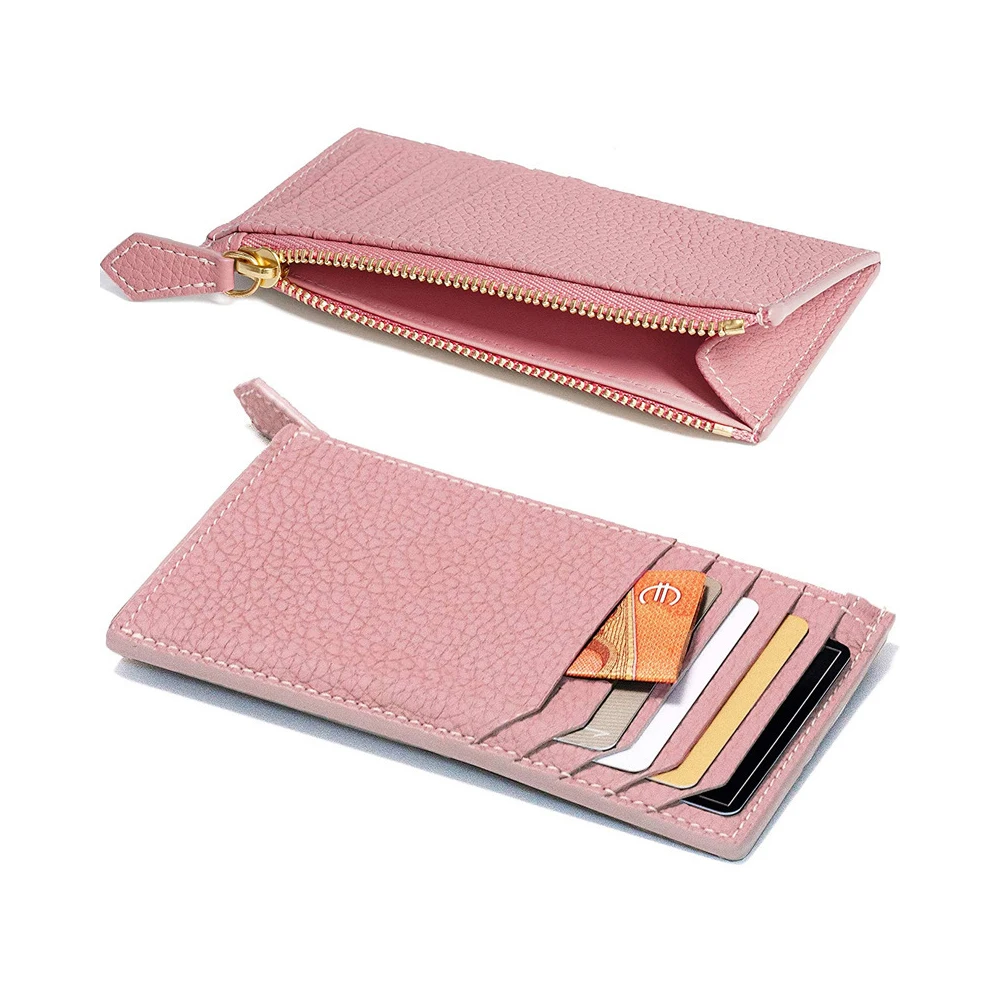 Customized name genuine leather simple multi-slot card case, portable top layer cowhide ID bag, soft leather zipper coin purse