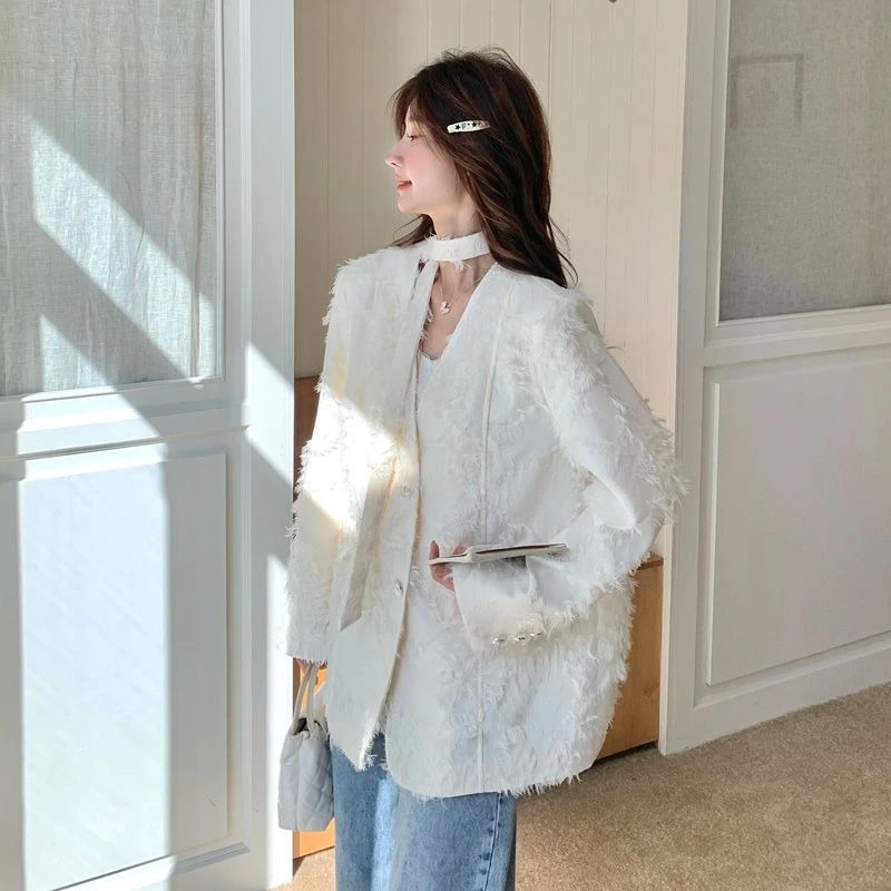 

Luxury Design Off White Tassel Blazer Women Clothing High-End Tie-Front Suit Coat V-Neck Jacket Spring Autumn Outerwear Robe